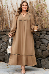 Chestnut Leopard Trim Smocked V-Neck Plus Size Maxi Dress