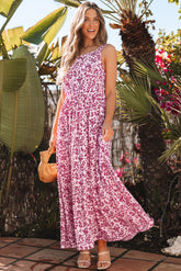 Pink Floral Cutout Back High Waist Sleeveless Maxi Dress