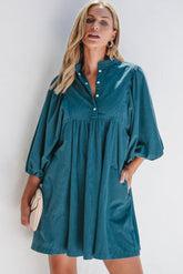 Corduroy Snap Buttons Empire Waist Bracelet Sleeve Mini Dress