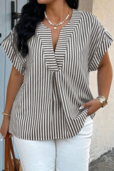 Black Stripe V-Neck Roll-Tab Dolman Sleeve Plus Size Blouse