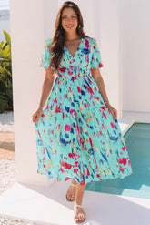 Abstract Print Short Puff Sleeve Tiered Midi Dress