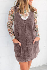 Vintage Washed Brown Denim V-Neck Pinafore Mini Dress