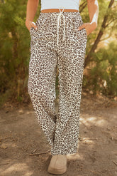 Brown Leopard Print Drawstring Elastic Pants