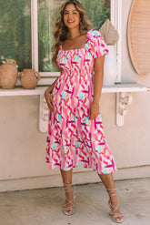 Pink Brush Stroke Printed Smocked Ruffle Tiered Midi Dress