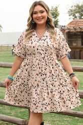 Beige Printed High Waist V-Neck Plus Size Mini Dress