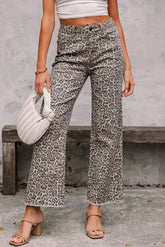 Leopard Frayed Hem Wide-Leg Jeans