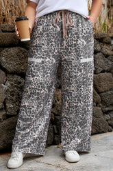 Khaki Leopard Print Raw Edge Patch Pocket Drawstring Plus Size Loose Pants