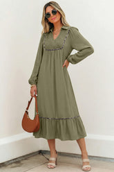 Collared V Neck Smocked Detail Contrast Leopard Trim Midi Dress