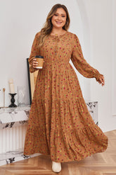 Brown Floral Tiered V-Neck Ruffled Sleeve Plus Size Maxi Dress