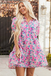 Pink Floral Collared Half Placket Mini Dress