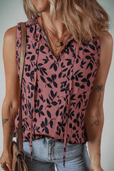 Brown Leaf Print Lace-up V Neck Crinkled Blouse
