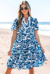 Blue Ricrac Trim Split Neck Floral Loose Mini Dress