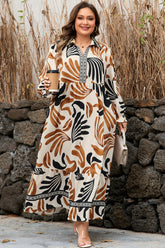 White Abstract Print Contrast Collar Maxi Plus Size Dress