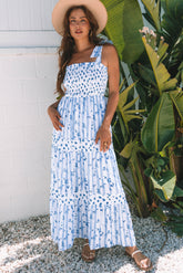 Sky Blue Floral Smocked A-Line Tiered Tied Straps Maxi Dress
