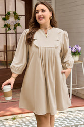 Parchment Notched-Neck Scallop Detail Mini Plus Size Dress