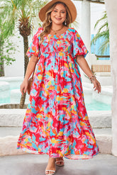 Rose Abstract Print Puff Sleeve Square-Neck Plus Size Maxi Dress