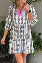 Dark Brown Contrast Floral V Neck Printed Bracelet Sleeve Mini Dress