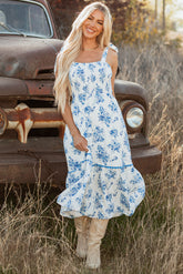 Sky Blue Floral Print Shirred Knot Shoulder Sleeveless Midi Dress