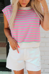 Sachet Pink Striped Crew Neck Cap Sleeve T Shirt