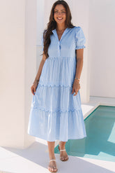 Sky Blue Stripe Bubble Short Sleeve Tiered Scallop Maxi Dress