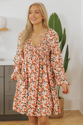 Floral Smocked V Neck Bubble Sleeve Babydoll Mini Dress