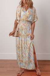 Multicolour Geometric Shirred High Waist Maxi Dress