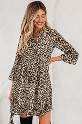 Khaki Leopard 3/4 Sleeve V Neck Swing Mini Dress