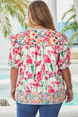 Pink Floral Striped Trim V-Neck Plus Size Blouse