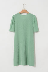 Corded Knit Crew Neck Puff Sleeve Shift Mini Dress