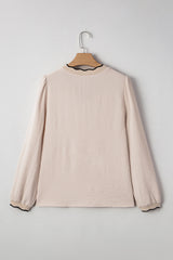 Jet Stream V-Neck Scallop Trim Long Sleeve Blouse