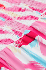Pink Brush Stroke Printed Smocked Ruffle Tiered Midi Dress