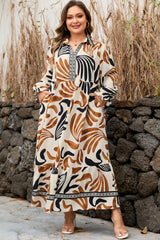 White Abstract Print Contrast Collar Maxi Plus Size Dress