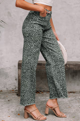 Leopard Frayed Hem Wide-Leg Jeans