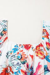White Floral Puff Sleeve Square-Neck Plus Size Maxi Dress