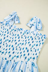 Sky Blue Floral Smocked A-Line Tiered Tied Straps Maxi Dress