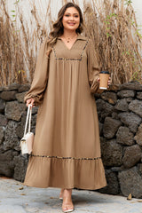 Chestnut Leopard Trim Smocked V-Neck Plus Size Maxi Dress