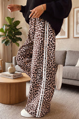 Beige Leopard Side Striped Wide Leg Pants