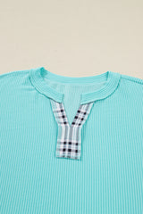 Aruba Blue Ribbed Colorblock Long Sleeve Plus Size Top