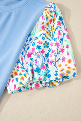 Light Blue Textured Bodice Floral Accent Plus Size Top