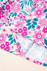 Pink Floral Half Button Puff Sleeve High Waist Plus Size Mini Dress
