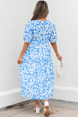 Sky Blue Floral V Neck Puff Short Sleeve Flowy Maxi Dress