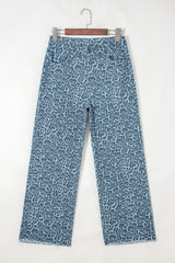 Leopard Frayed Hem Wide-Leg Jeans
