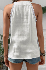 White Textured Lace Trim Pure Cotton Sleeveless Blouse