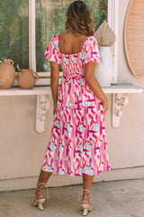 Pink Brush Stroke Printed Smocked Ruffle Tiered Midi Dress