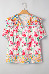 Pink Floral Striped Trim V-Neck Plus Size Blouse