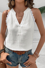 White Textured Lace Trim Pure Cotton Sleeveless Blouse