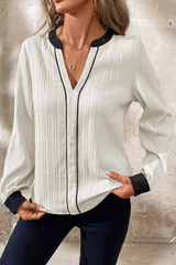 White Textured Colorblock V Neck Blouse