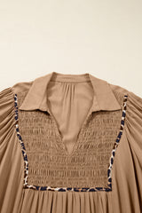 Chestnut Leopard Trim Smocked V-Neck Plus Size Maxi Dress