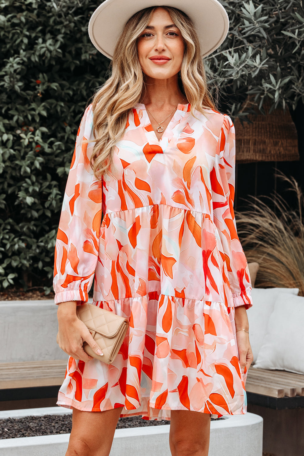 Orange Abstract Print Split Neck Long Sleeve Mini Dress