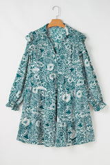 Green Floral Flounce Sleeve Split Neck Mini Plus Size Dress